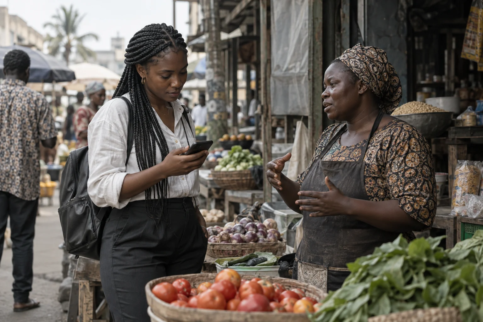 Scène illustrative d’une conversation autour d’un téléphone dans un marché ouest-africain.